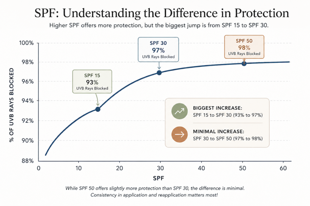 a graph showing the difference in the percentage of rays blocked by varying SPF numbers